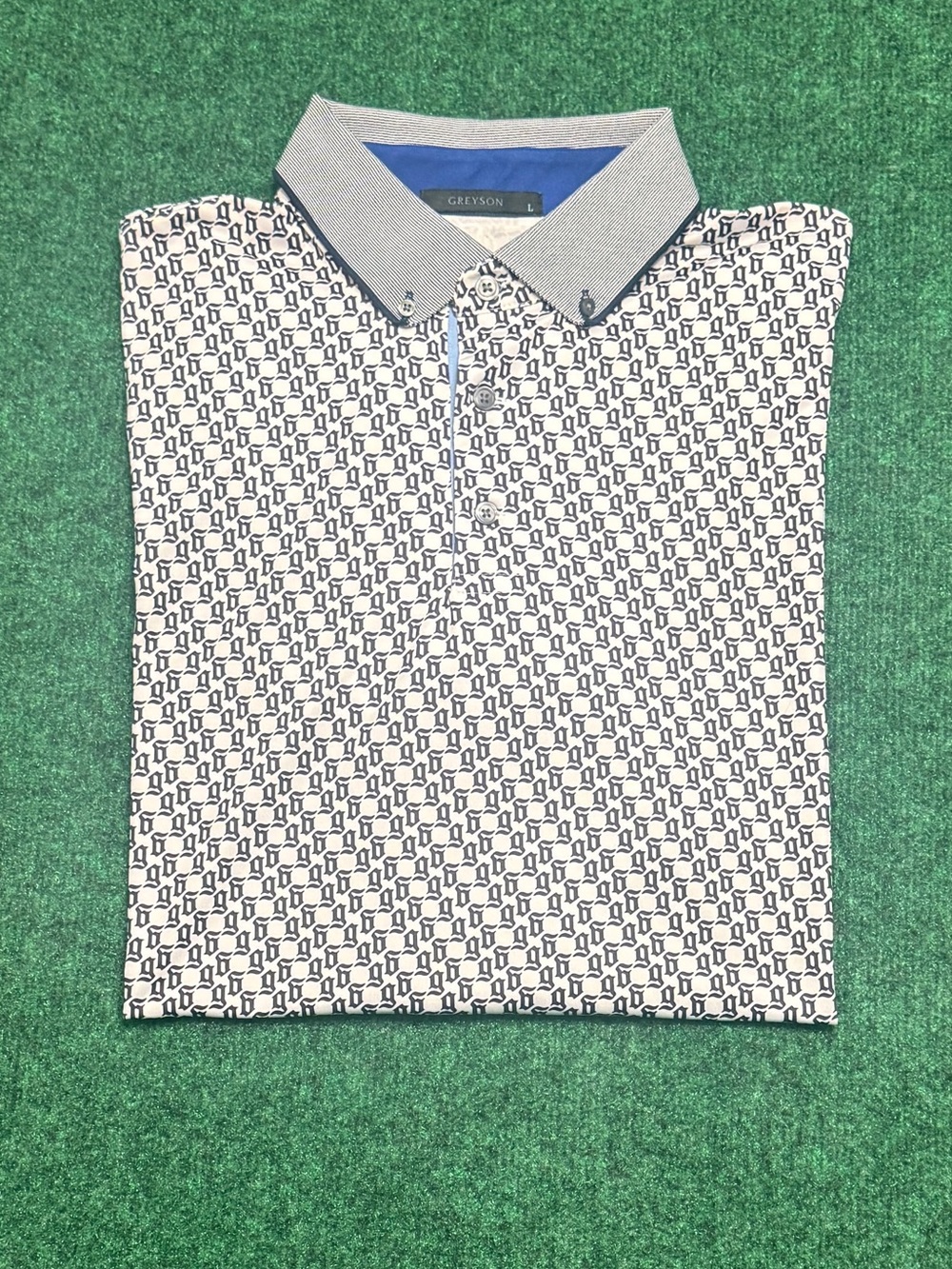 Greyson Cuffed Golf Polo with Navy “G” Monogram Pattern (Size Large/ White)